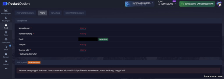 Formulir verifikasi akun dengan broker Pocket Option