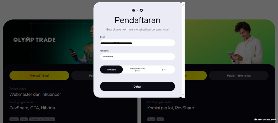 Pendaftaran di program afiliasi OlympTrade