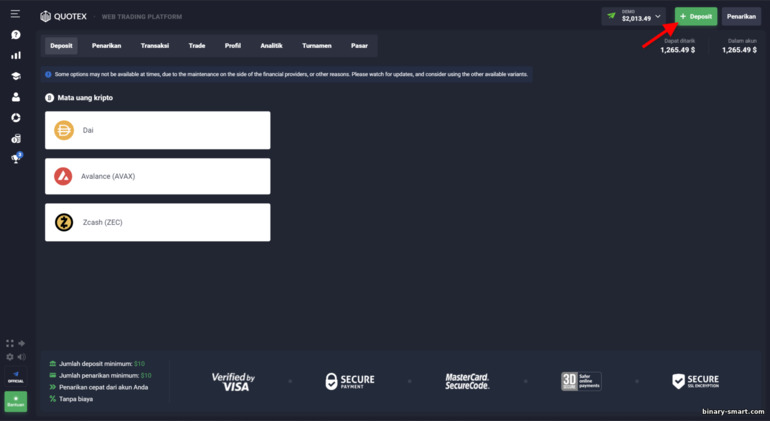 Mendanai akun perdagangan Anda di platform broker Quotex