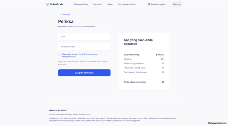 Mendaftarkan akun pelatihan dengan broker perdagangan prop SabioTrade