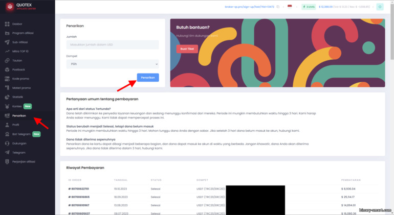 Mengajukan permohonan penarikan penghasilan dalam program afiliasi Quotex