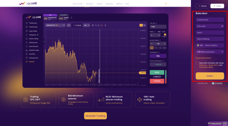 mendaftarkan akun perdagangan baru dengan broker IQ Cent