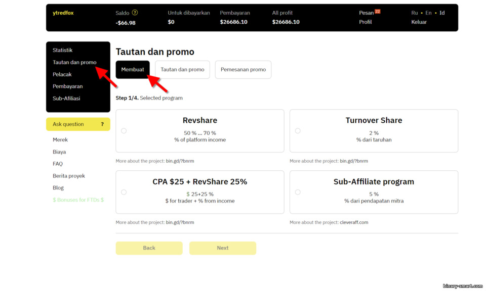 Membuat link referral di program afiliasi broker Binarium