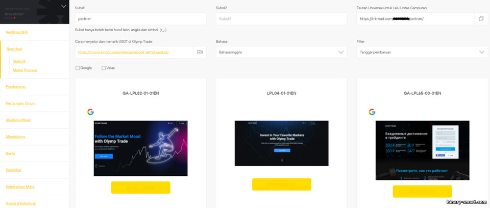 Mendaratkan materi promosi untuk menarik klien ke program afiliasi Olymptrade