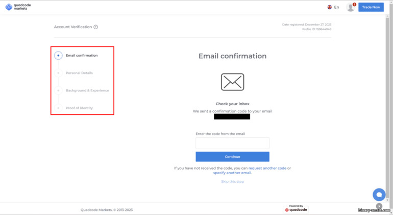 verifikasi akun perdagangan dengan broker Quadcode Markets