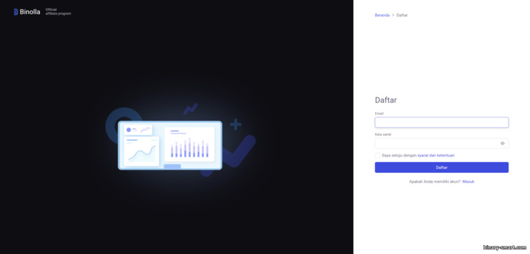 Mendaftarkan akun afiliasi broker Binolla