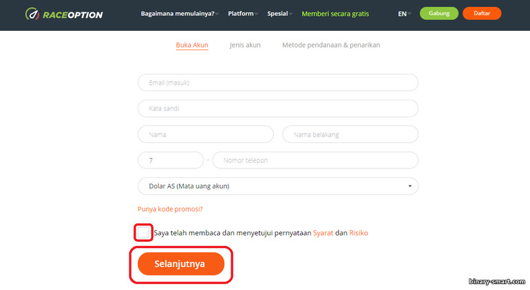 Pendaftaran dengan broker opsi biner RaceOption