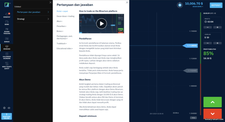 Materi pelatihan dari broker Binarium