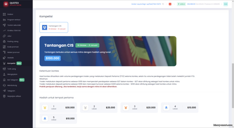 Kontes dalam program afiliasi Quotex