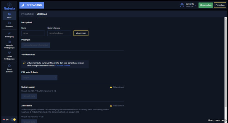 verifikasi akun perdagangan dengan broker Finteria