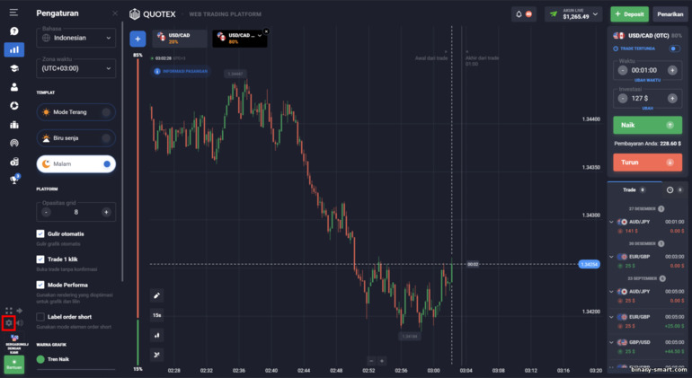 Pengaturan platform perdagangan untuk broker Quotex