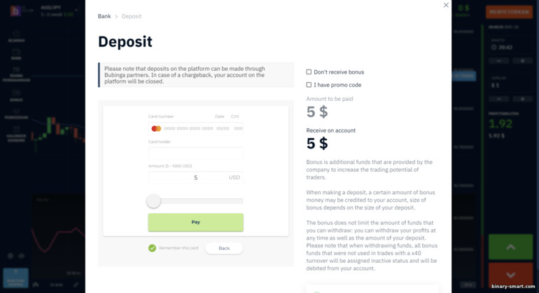 setoran minimum adalah $5 di broker Bubinga
