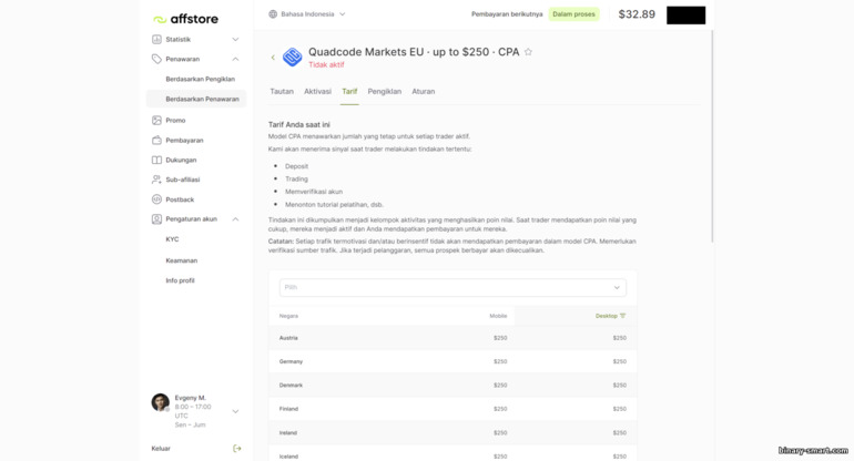 Penawaran CPA Quadcode Markets dalam program afiliasi Affstore