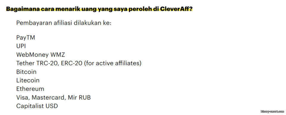Metode menerima pembayaran dalam program afiliasi Binarium