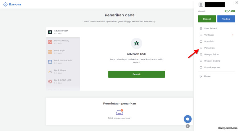 Penarikan dana dari broker Exnova