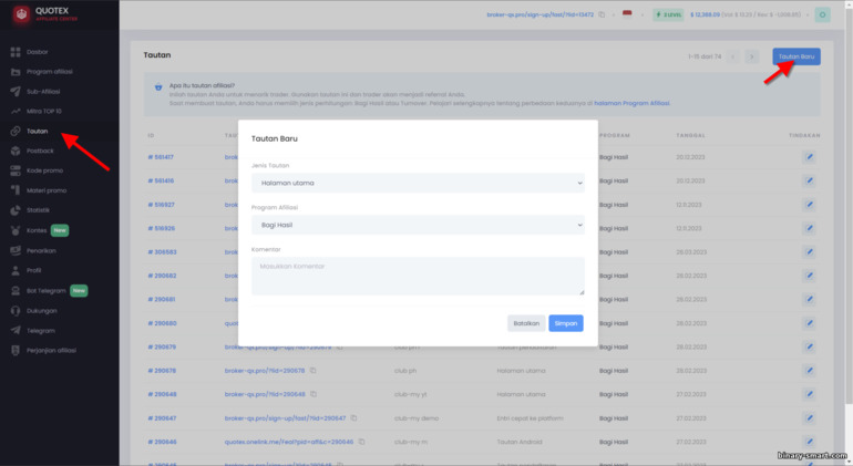 Membuat link referral di program afiliasi Quotex