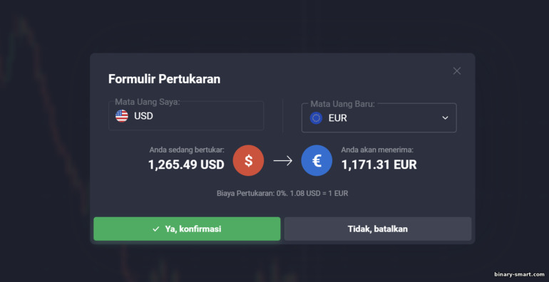 Mengubah mata uang akun perdagangan Anda dengan broker Quotex