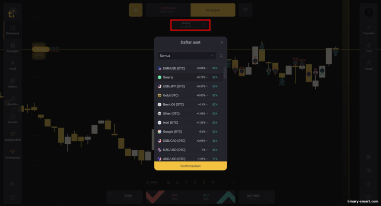 memilih aset untuk diperdagangkan dengan broker Tickz