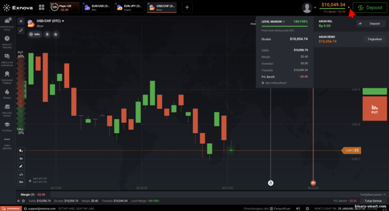 Beralih antara akun demo dan real dengan opsi biner dan broker CFD Exnova