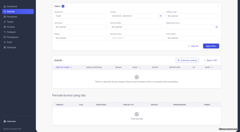 filter dalam statistik klien di broker Binolla