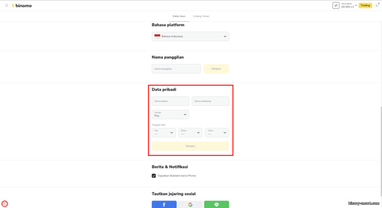 detail akun pribadi dengan broker Binomo