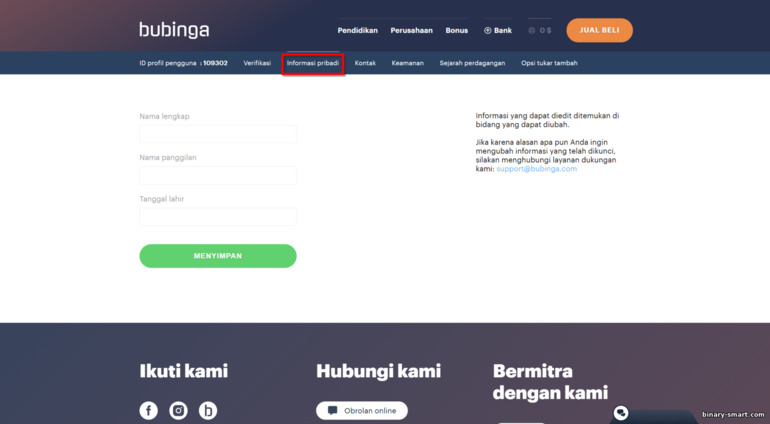 verifikasi akun dengan broker Bubinga - data pribadi