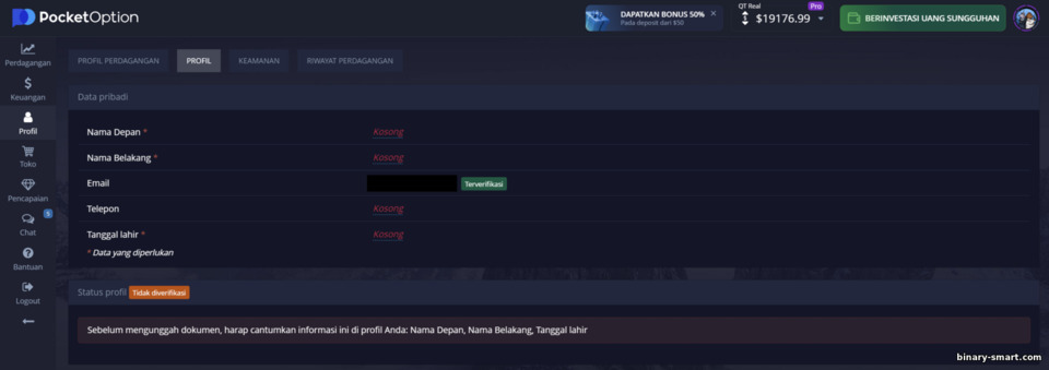Formulir verifikasi akun dengan broker Pocket Option Formulir verifikasi akun dengan broker Pocket Option