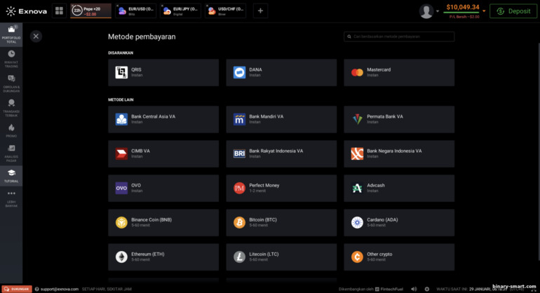 Pengisian ulang akun perdagangan (deposit) dengan broker Exnova