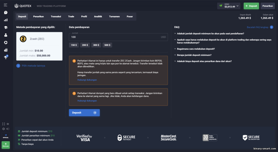 Formulir untuk mengisi ulang akun perdagangan dengan broker Quotex Formulir untuk mengisi ulang akun perdagangan dengan broker Quotex