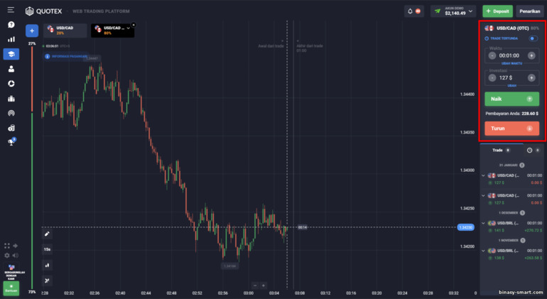 Panel untuk membuka perdagangan di broker Quotex