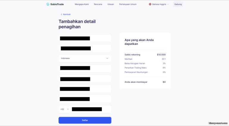 Formulir pendaftaran untuk akun pelatihan dengan broker perdagangan prop SabioTrade