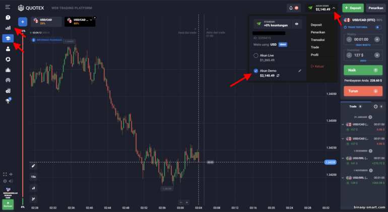 Beralih ke akun demo dengan broker Quotex