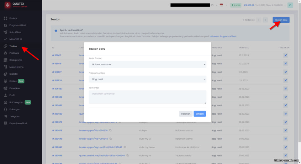 Membuat link referral di program afiliasi Quotex