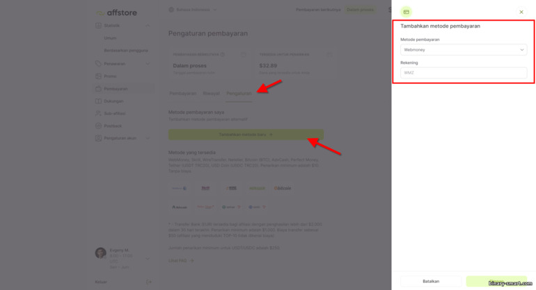 Menambahkan metode pembayaran di program afiliasi Affstore