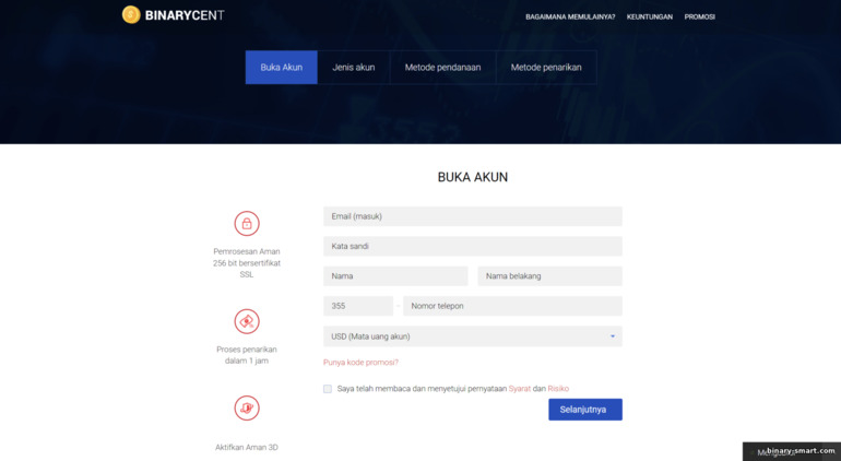 mendaftarkan akun perdagangan dengan broker Binarycent