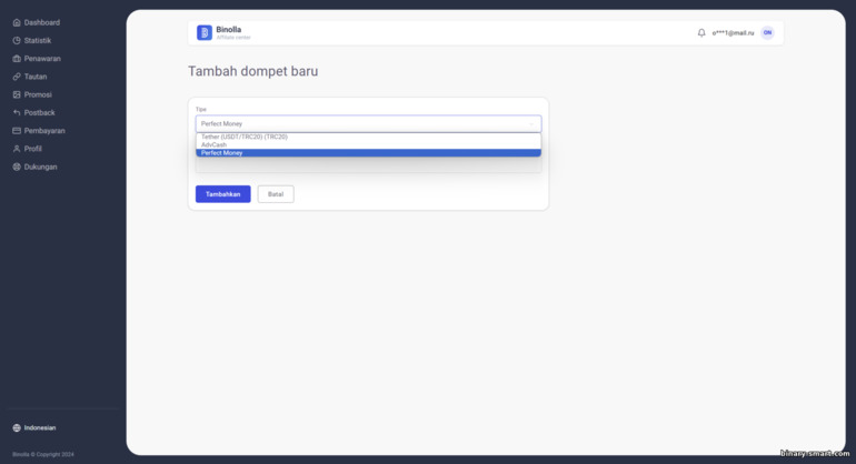 menambahkan metode pembayaran di program afiliasi Binolla