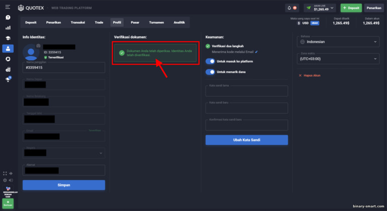 Memverifikasi akun Anda dengan broker opsi biner Quotex