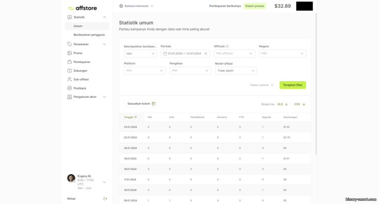 Statistik dalam program afiliasi Affstore