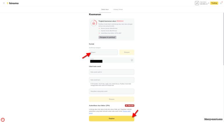 pengaturan keamanan akun di broker Binomo