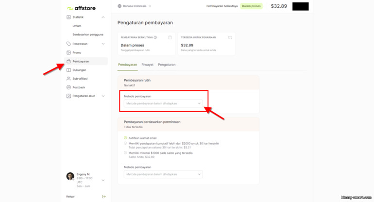 Aktivasi pembayaran (metode pembayaran) di program afiliasi Affstore