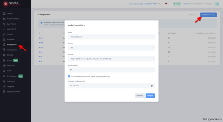 Membuat kode promosi untuk klien dalam program afiliasi Quotex