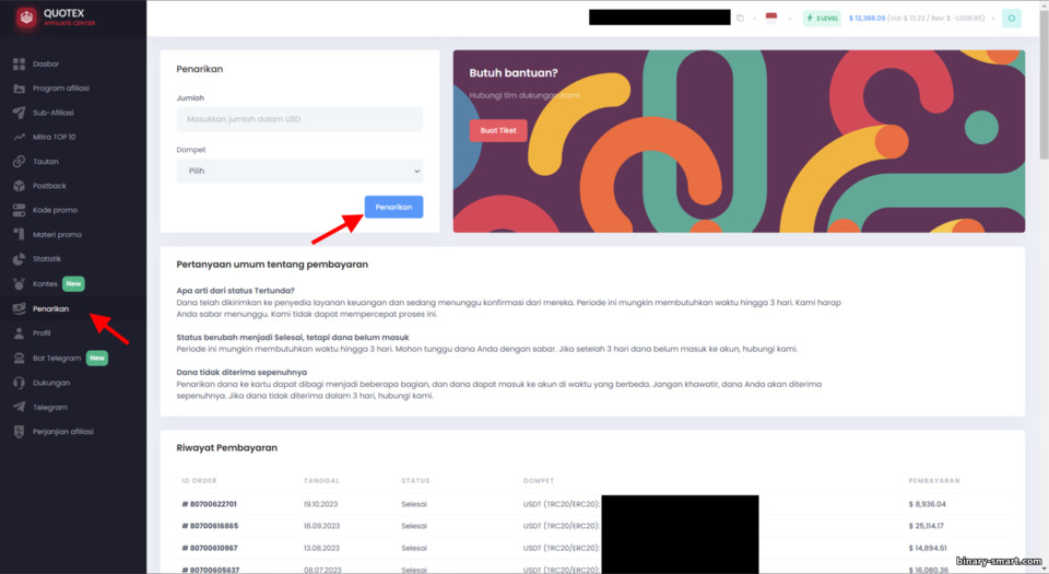 Mengajukan permohonan penarikan penghasilan dalam program afiliasi Quotex