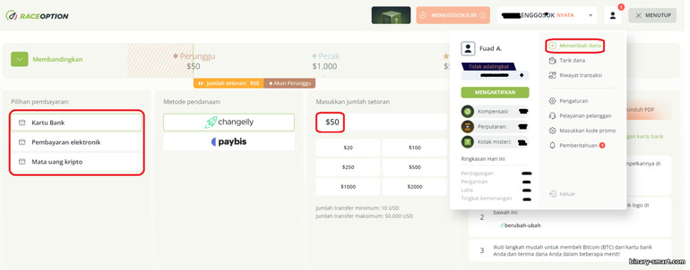 mengisi ulang akun Anda dengan broker opsi biner RaceOption