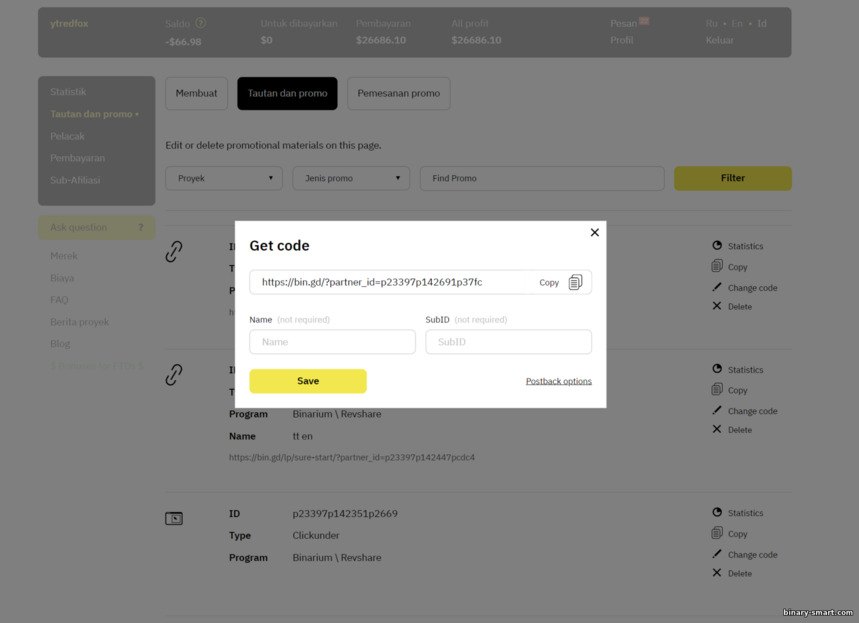 Tautan dibuat di program afiliasi Binarium