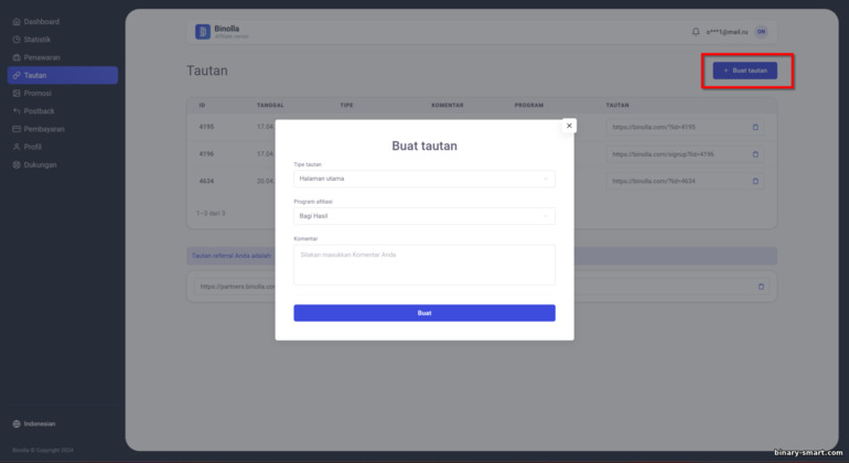 membuat tautan afiliasi Binolla baru