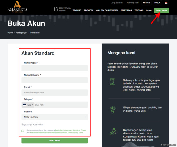 mendaftarkan akun baru dengan broker AMarkets