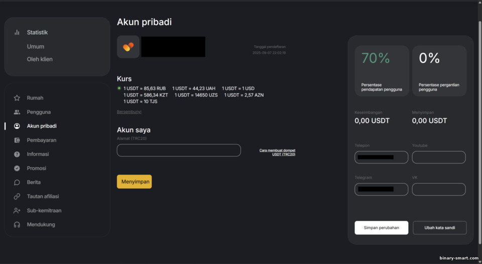 Pengaturan akun afiliasi BinTrade