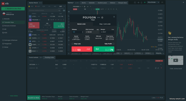 Panel entri order XTB
